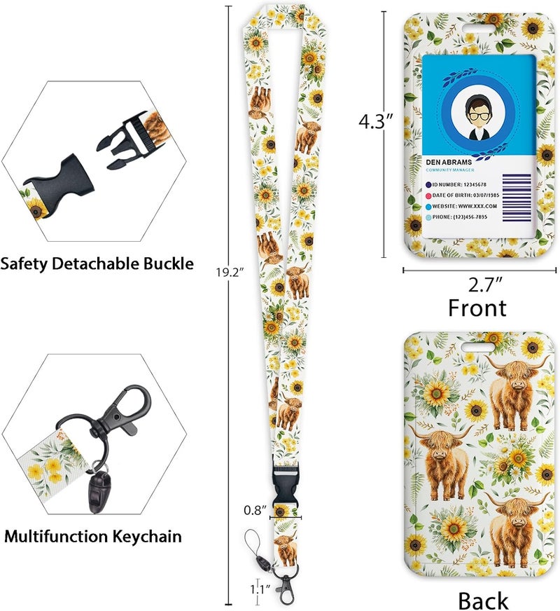 GIANCOMICS Highland Cow Lanyards for Id Badges, Sunflower ID Badge Holder with Retractable Reel, Teacher Lanyard with Keychain Key Clip Carabiner Name Tag Card Holder Protector Office Women Gift - Image 4